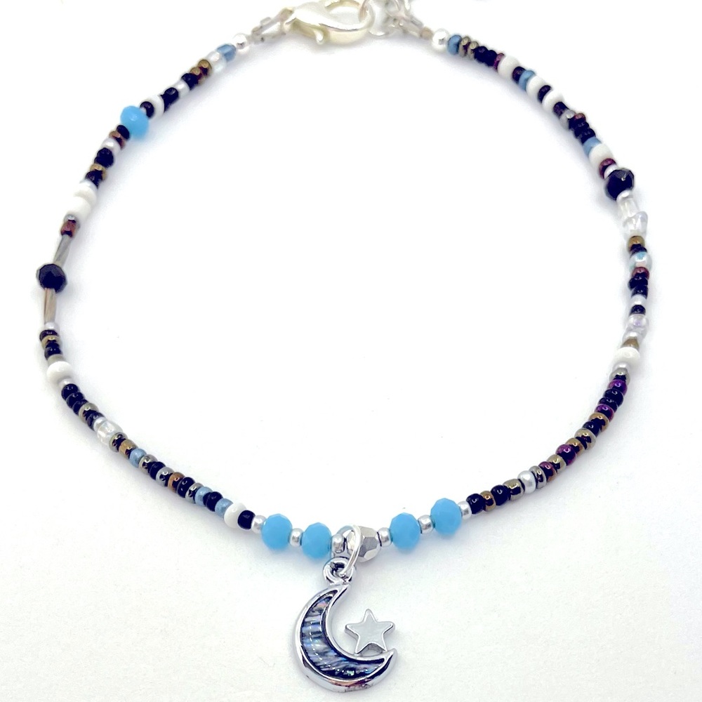 Anklet- Crystal beads and Silver Alloy Enamel moon charm.